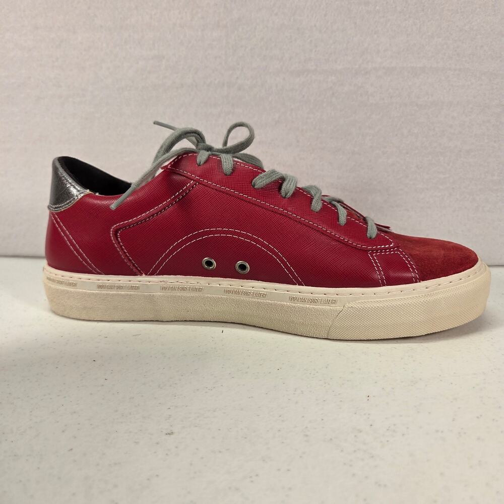 P448 Ruby Red Leather Suede Low Top Sneakers Gray Lace Shoes EU 42 NWOT - Picture 15 of 16